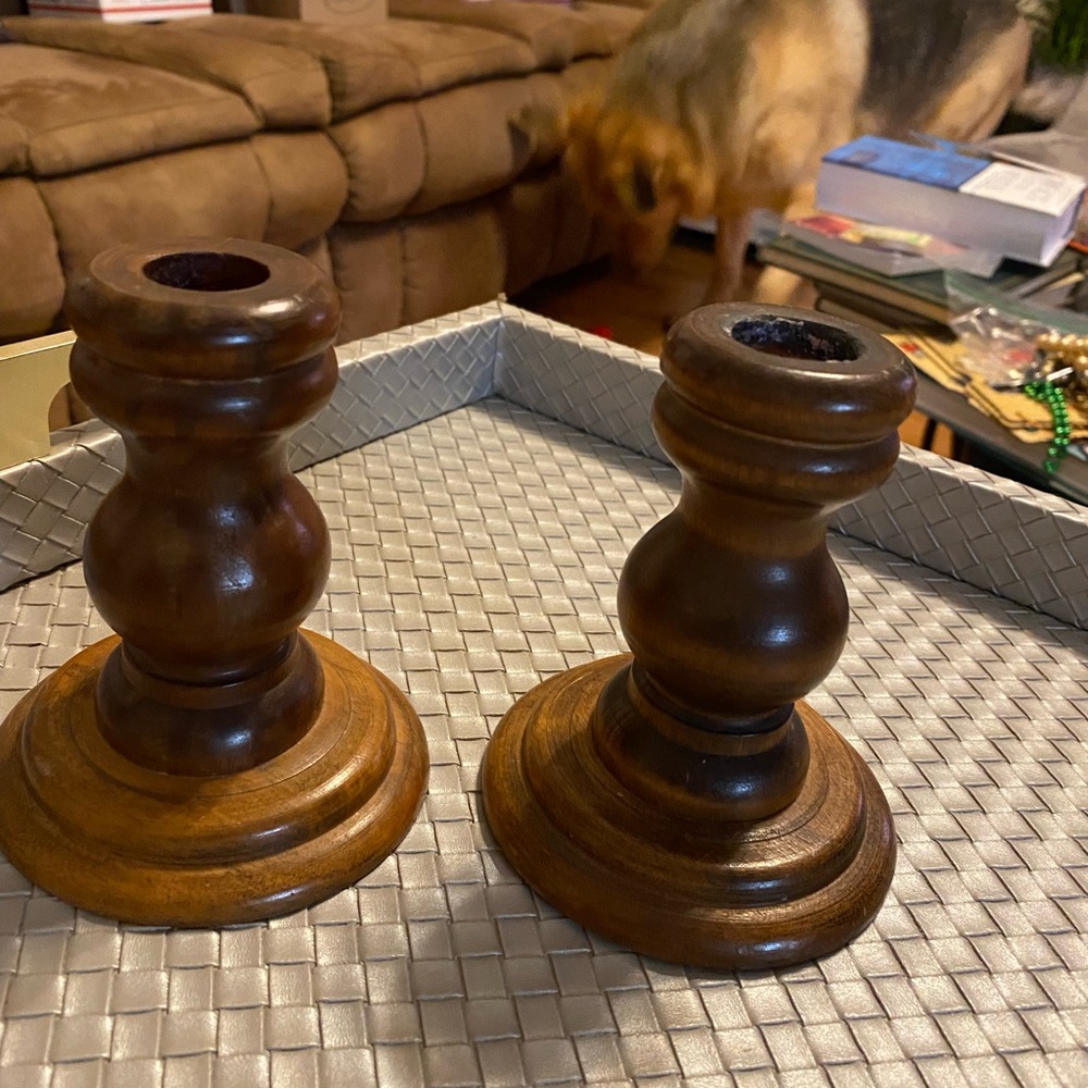 Pair of Turned Wooden Candlesticks in Warm Brown